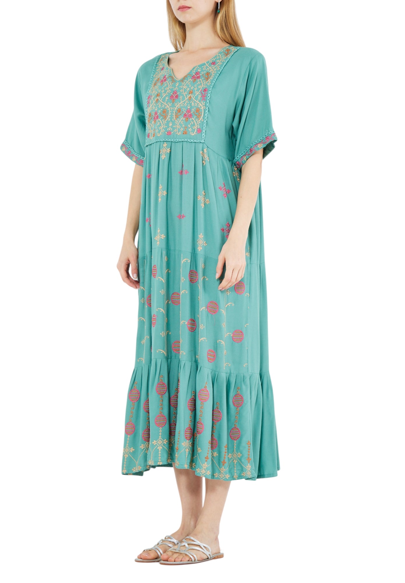Beautiful Printed Midi Dress With Half Sleeves And V-Neckline