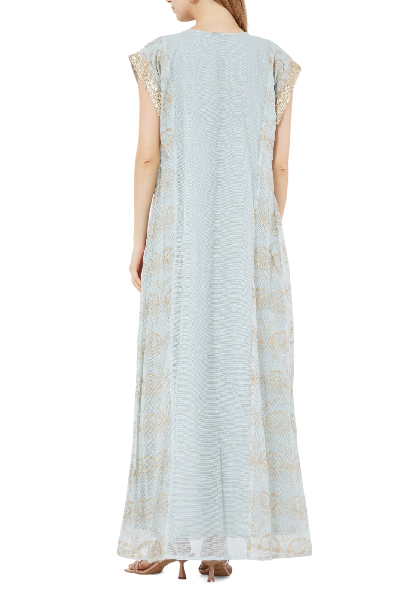 Stunning Embroidered A-Line Long Dress With Keyhole Neckline And Cape Sleeves