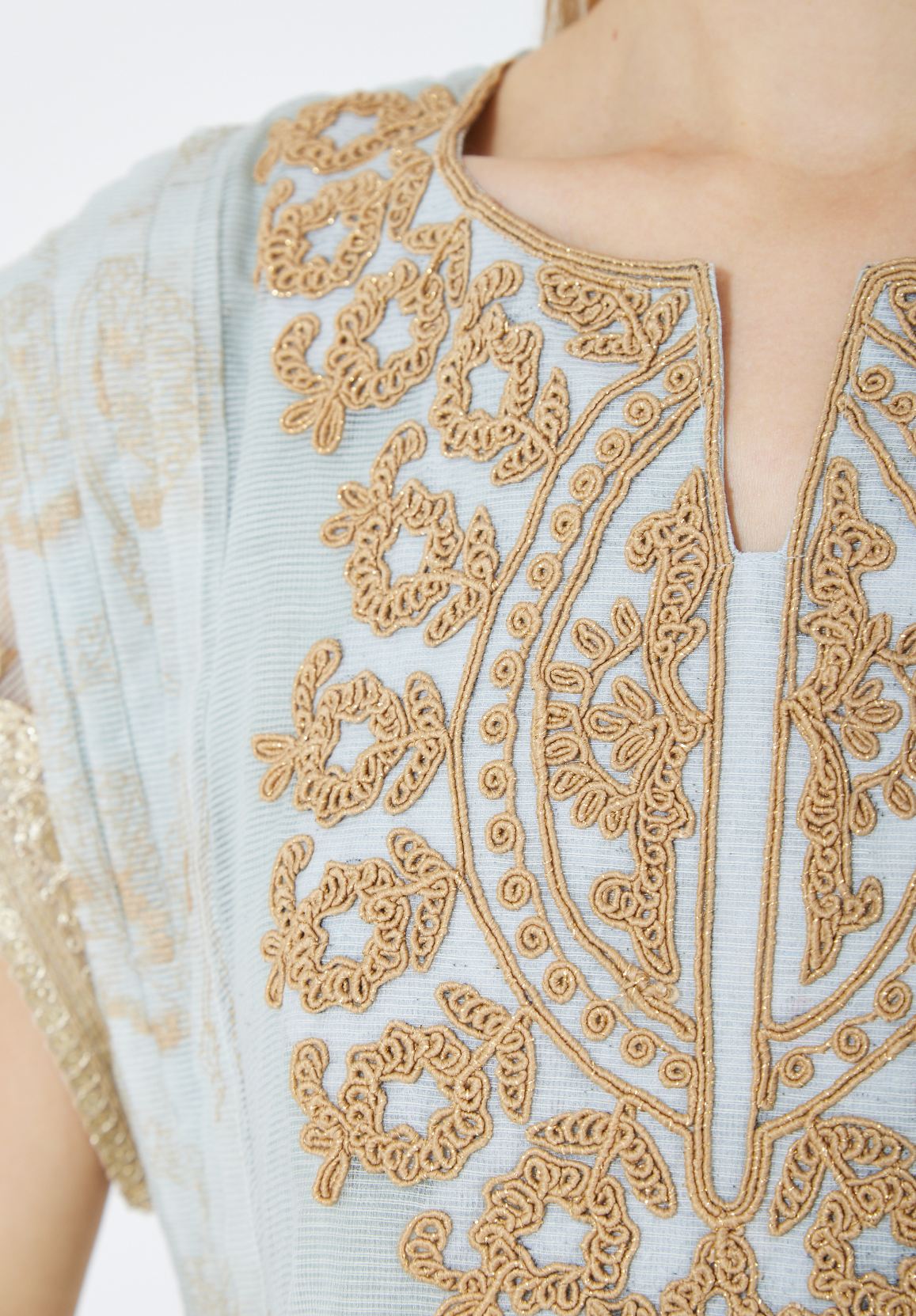 Stunning Embroidered A-Line Long Dress With Keyhole Neckline And Cape Sleeves