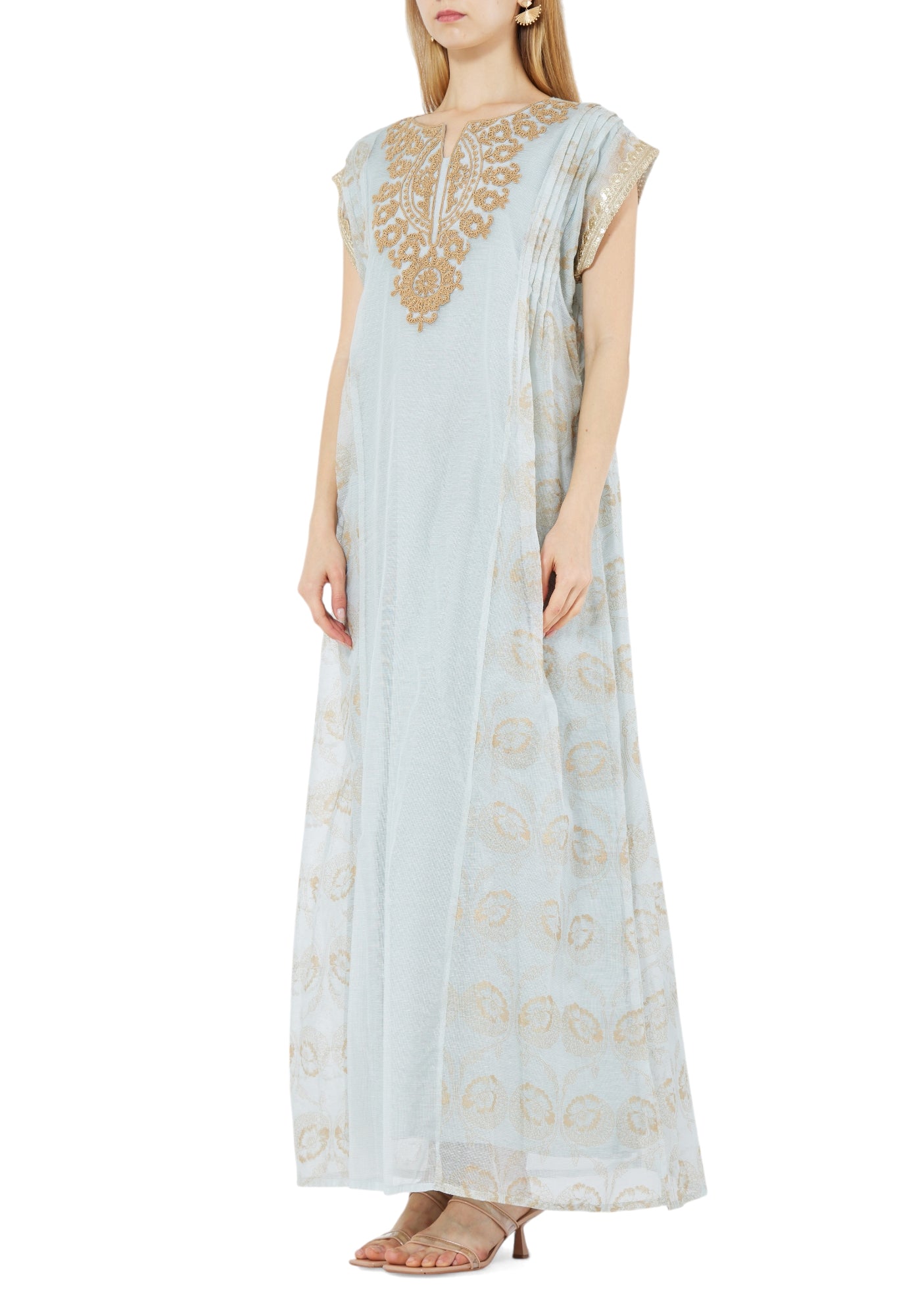 Stunning Embroidered A-Line Long Dress With Keyhole Neckline And Cape Sleeves