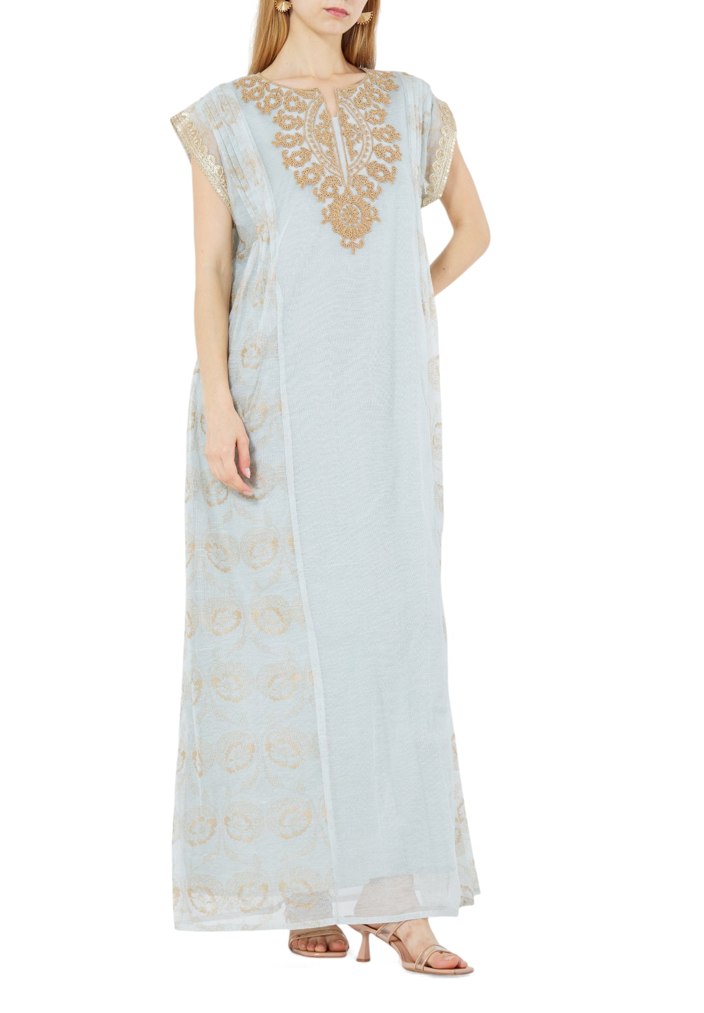 Stunning Embroidered A-Line Long Dress With Keyhole Neckline And Cape Sleeves