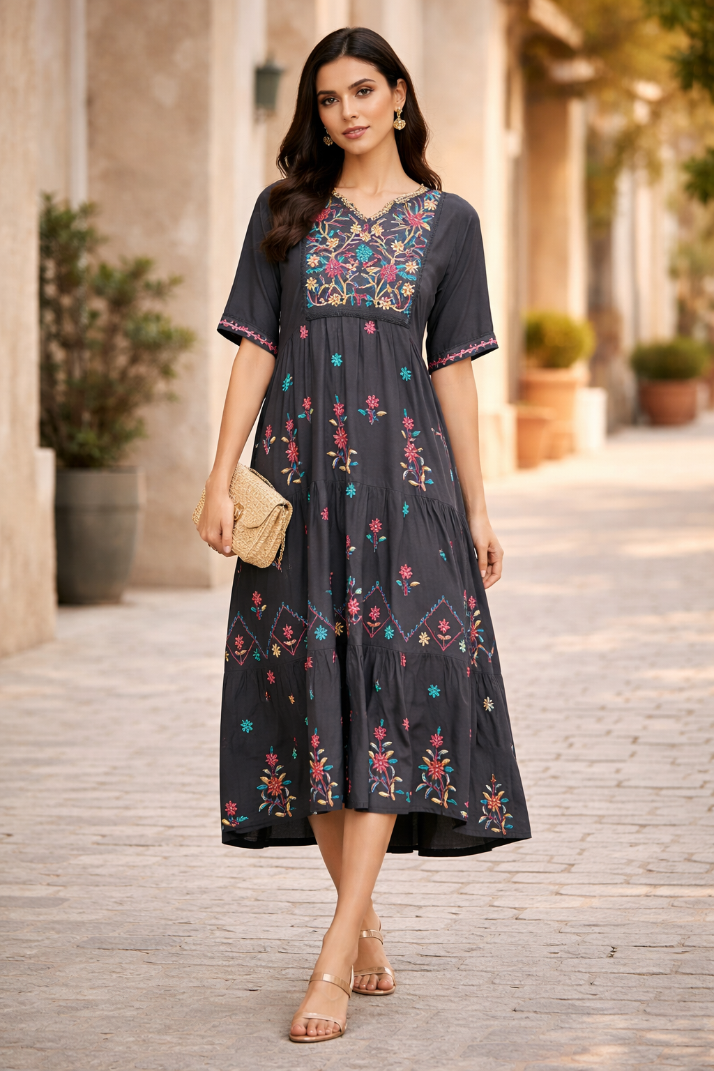 Beautiful Linen Embroidered High Low Midi Dress With Modified V-Neckline with Half Sleeves