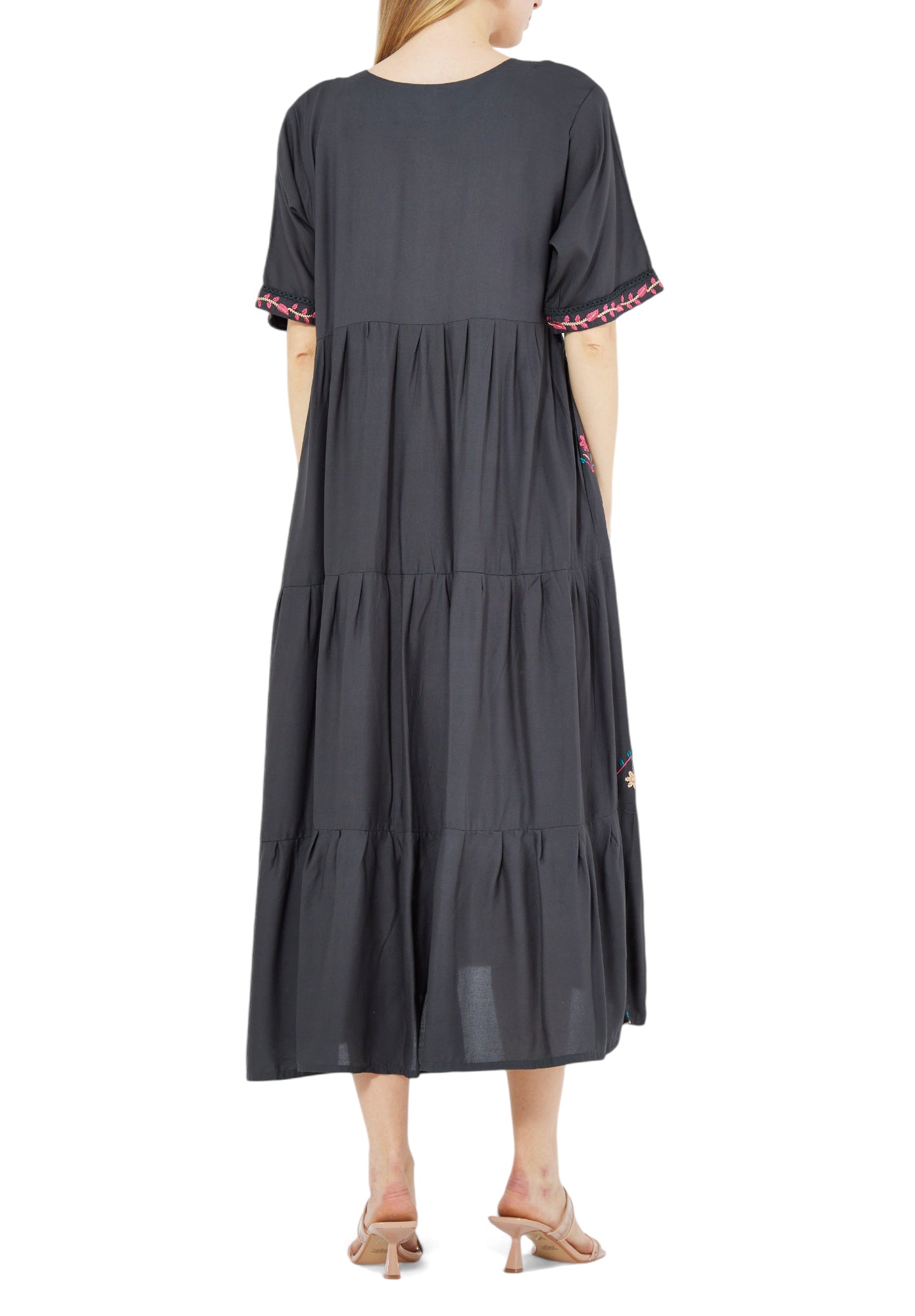 Beautiful Linen Embroidered High Low Midi Dress With Modified V-Neckline with Half Sleeves