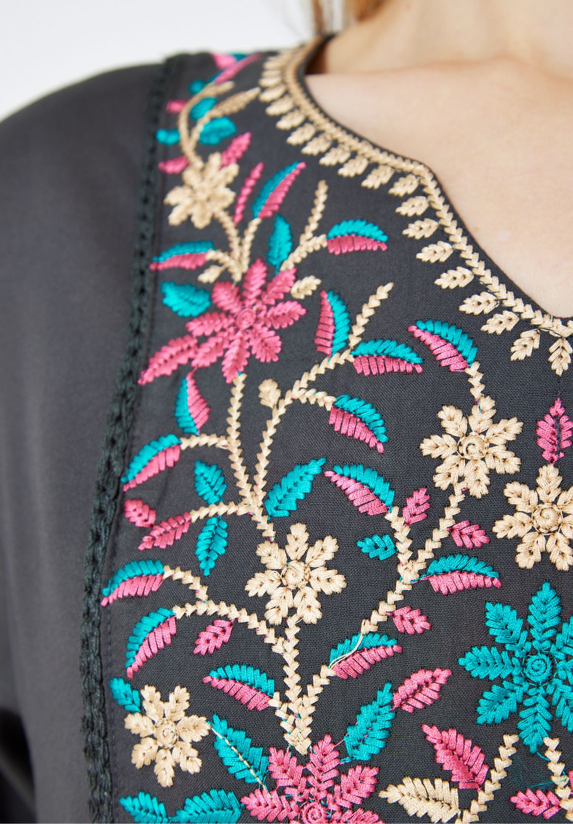 Beautiful Linen Embroidered High Low Midi Dress With Modified V-Neckline with Half Sleeves