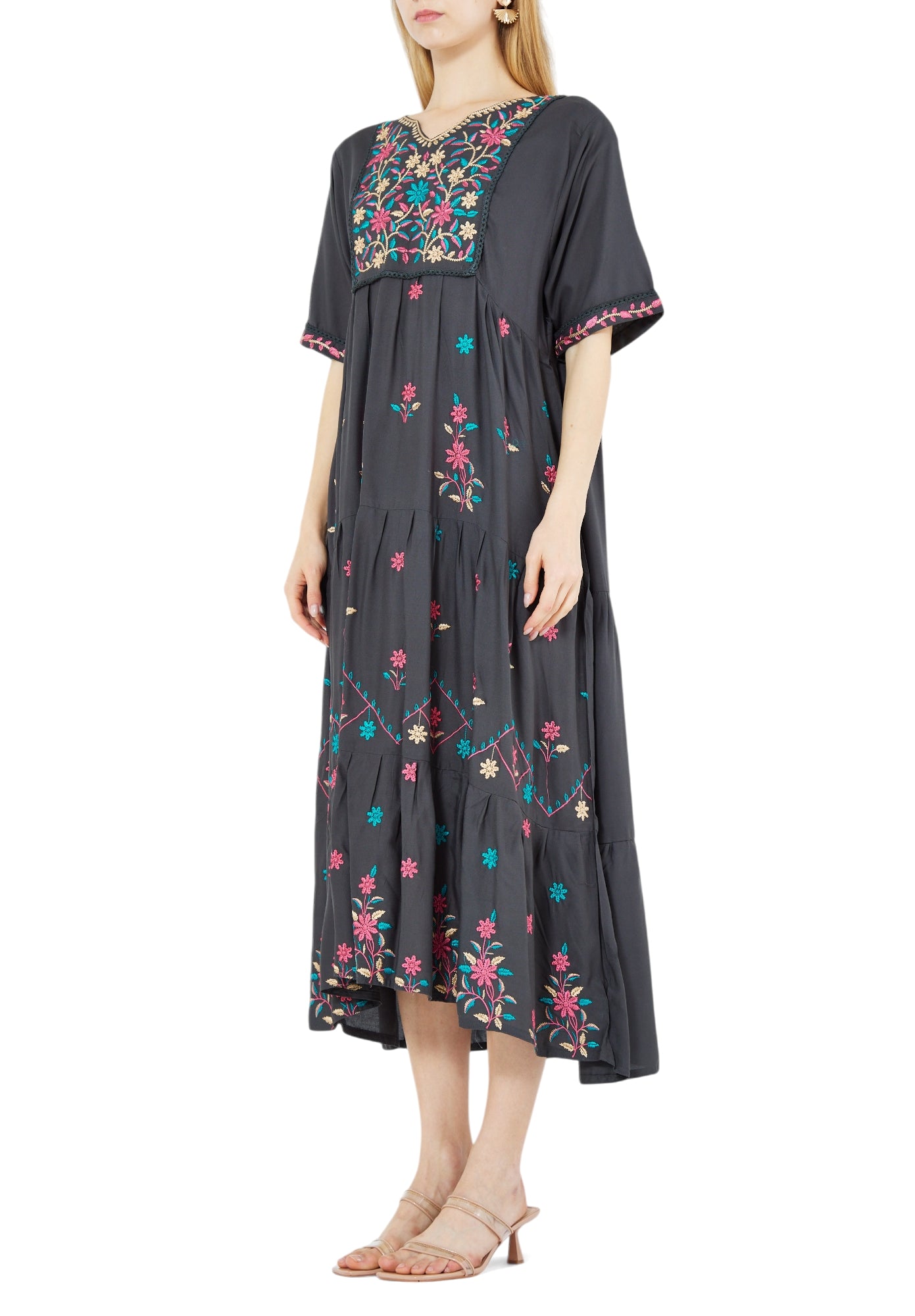 Beautiful Linen Embroidered High Low Midi Dress With Modified V-Neckline with Half Sleeves