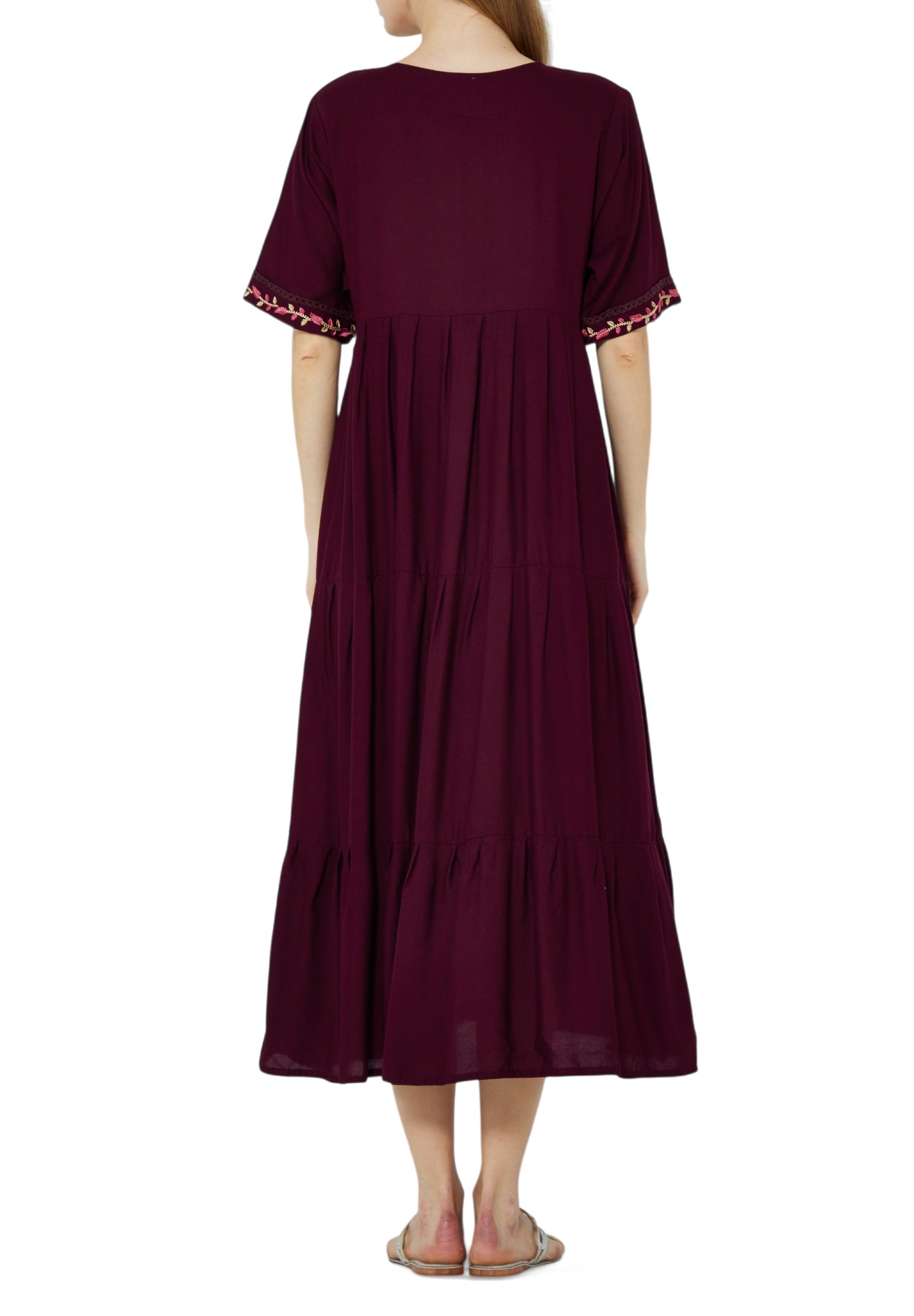 Beautiful Linen Embroidered High Low Midi Dress With Modified V-Neckline with Half Sleeves