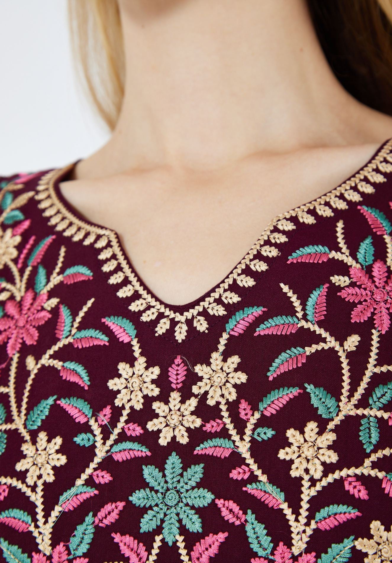 Beautiful Linen Embroidered High Low Midi Dress With Modified V-Neckline with Half Sleeves