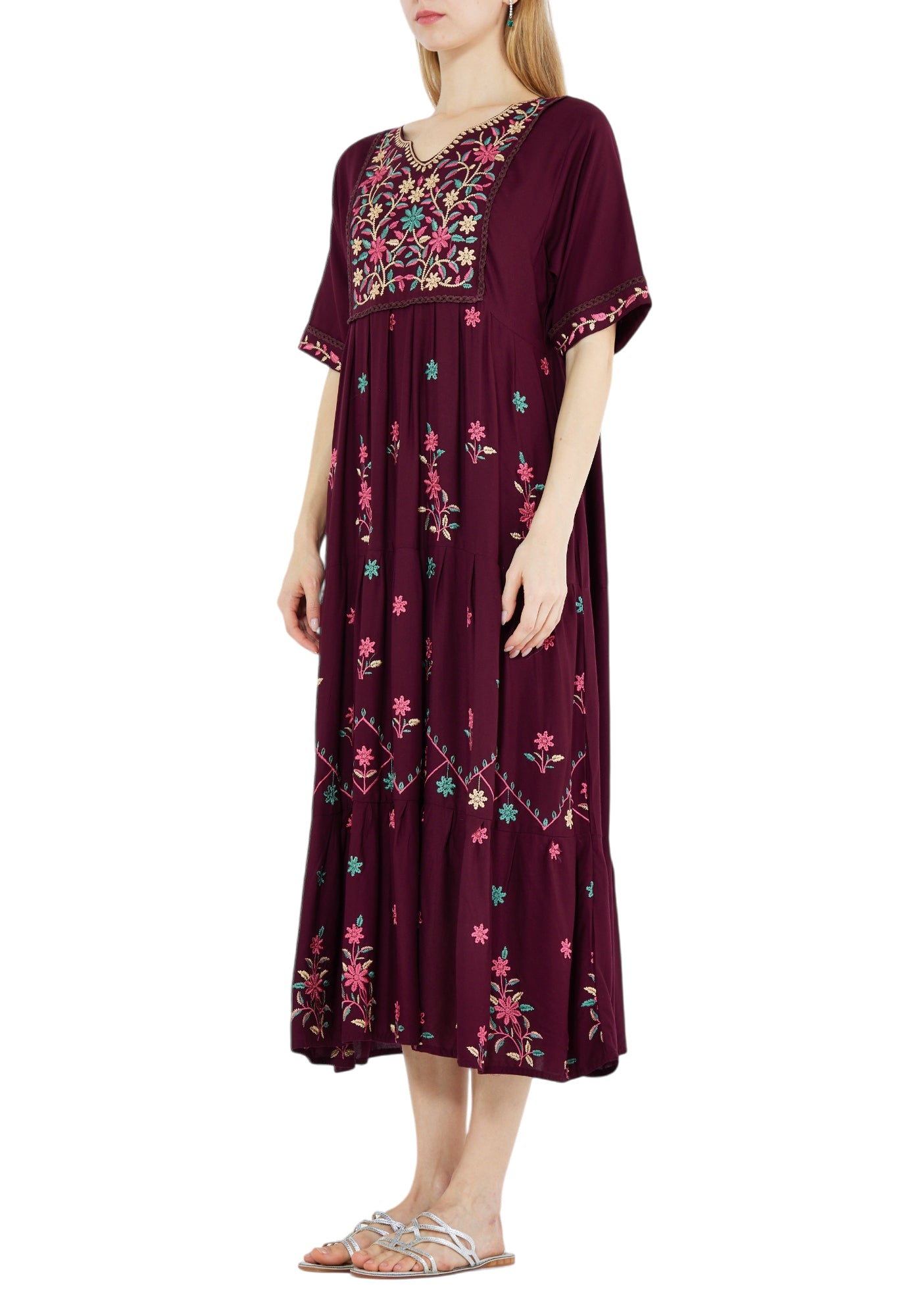Beautiful Linen Embroidered High Low Midi Dress With Modified V-Neckline with Half Sleeves