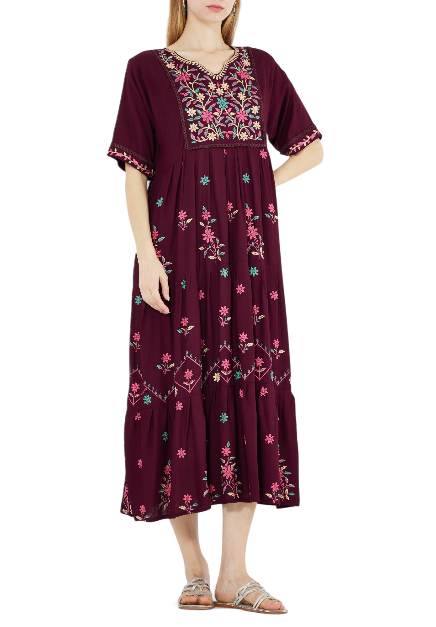 Beautiful Linen Embroidered High Low Midi Dress With Modified V-Neckline with Half Sleeves