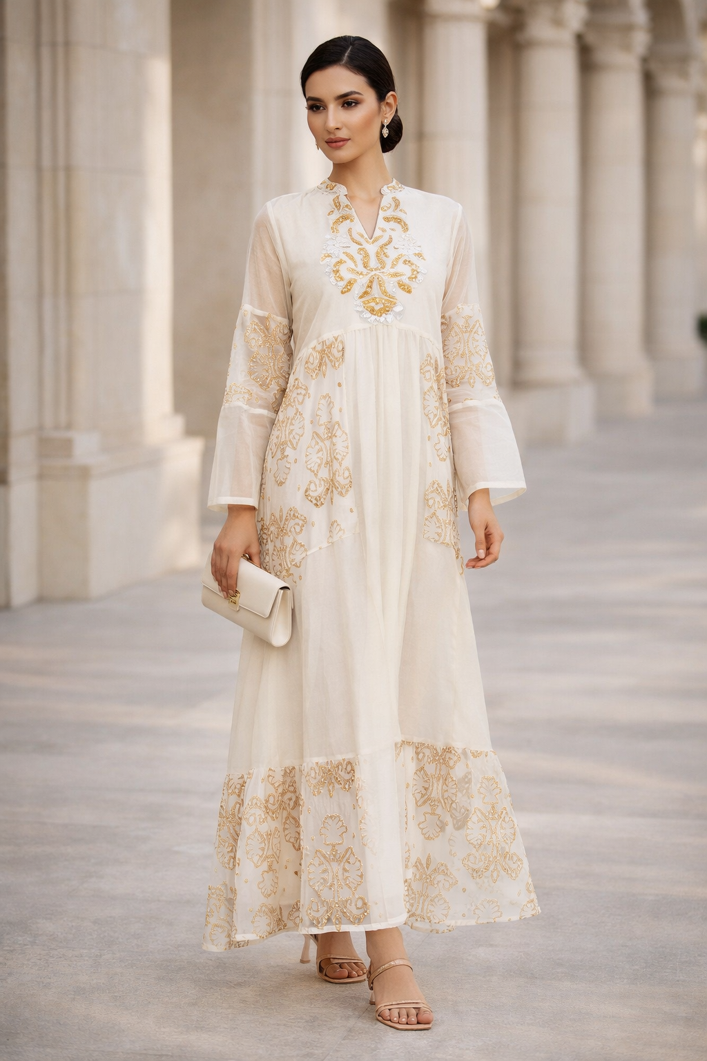 Stunning Embroidered Organza Frilled Long Dress With V-Neckline With Long Sleeves