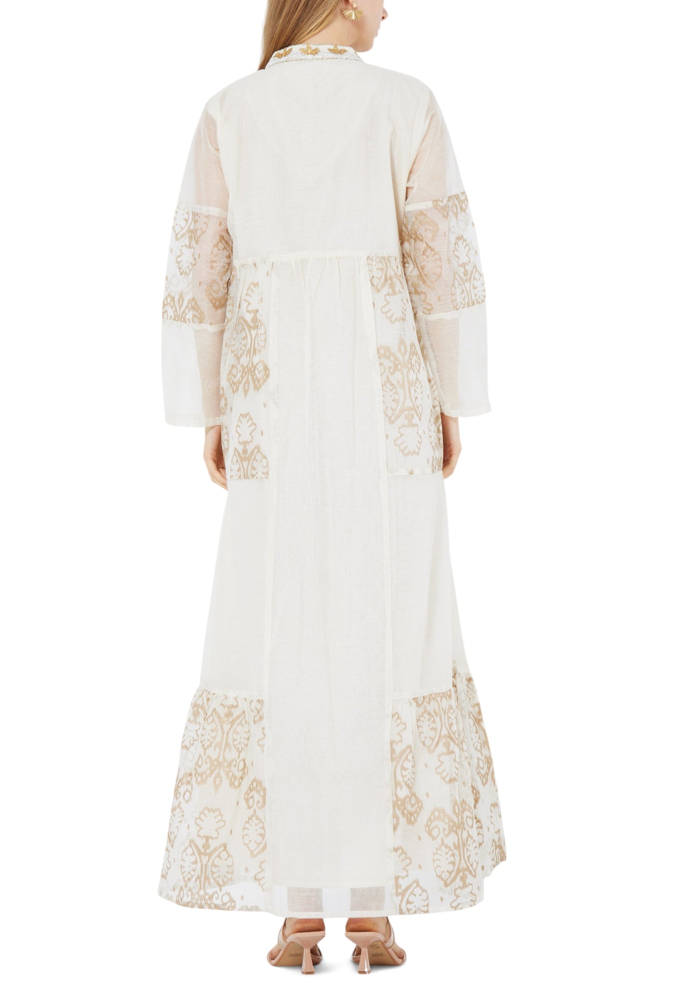 Stunning Embroidered Organza Frilled Long Dress With V-Neckline With Long Sleeves