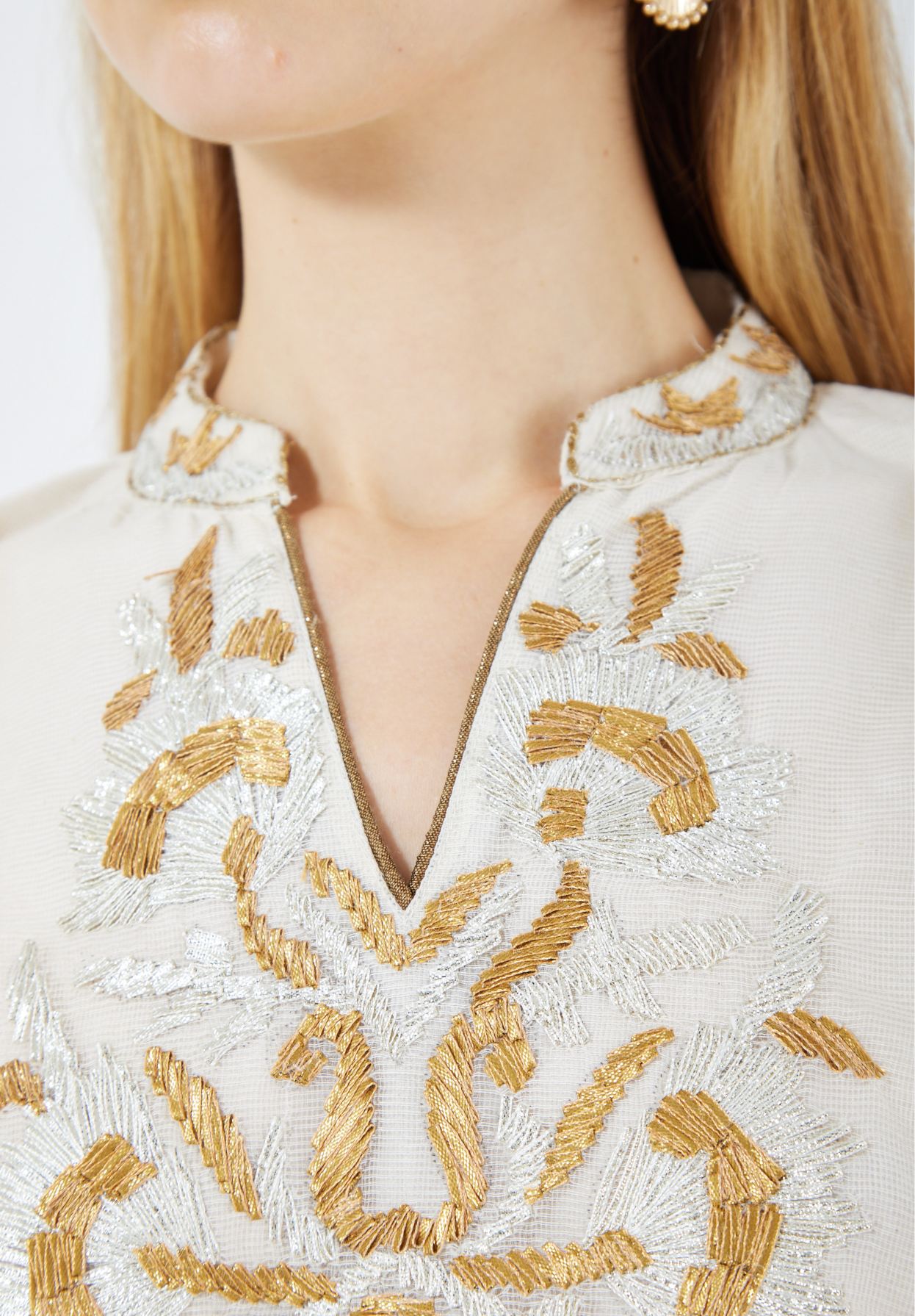 Stunning Embroidered Organza Frilled Long Dress With V-Neckline With Long Sleeves