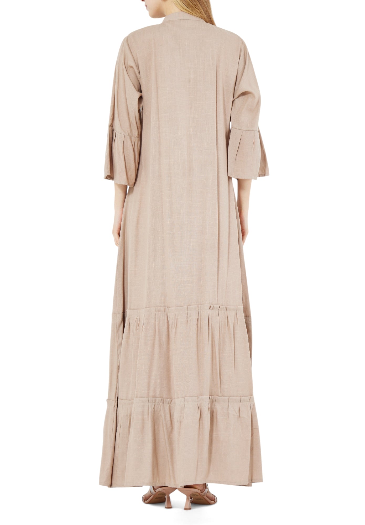 Beautiful Linen Long Frilled Maxi Dress With Embroidered Details And Bell Sleeves