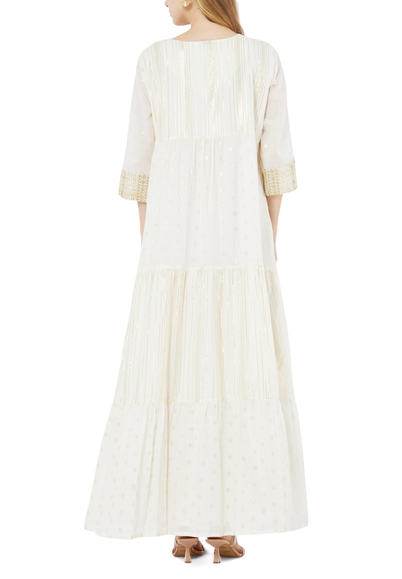 Beautiful Frilled Maxi Dress with Round Neckline And Three Quarter Sleeves