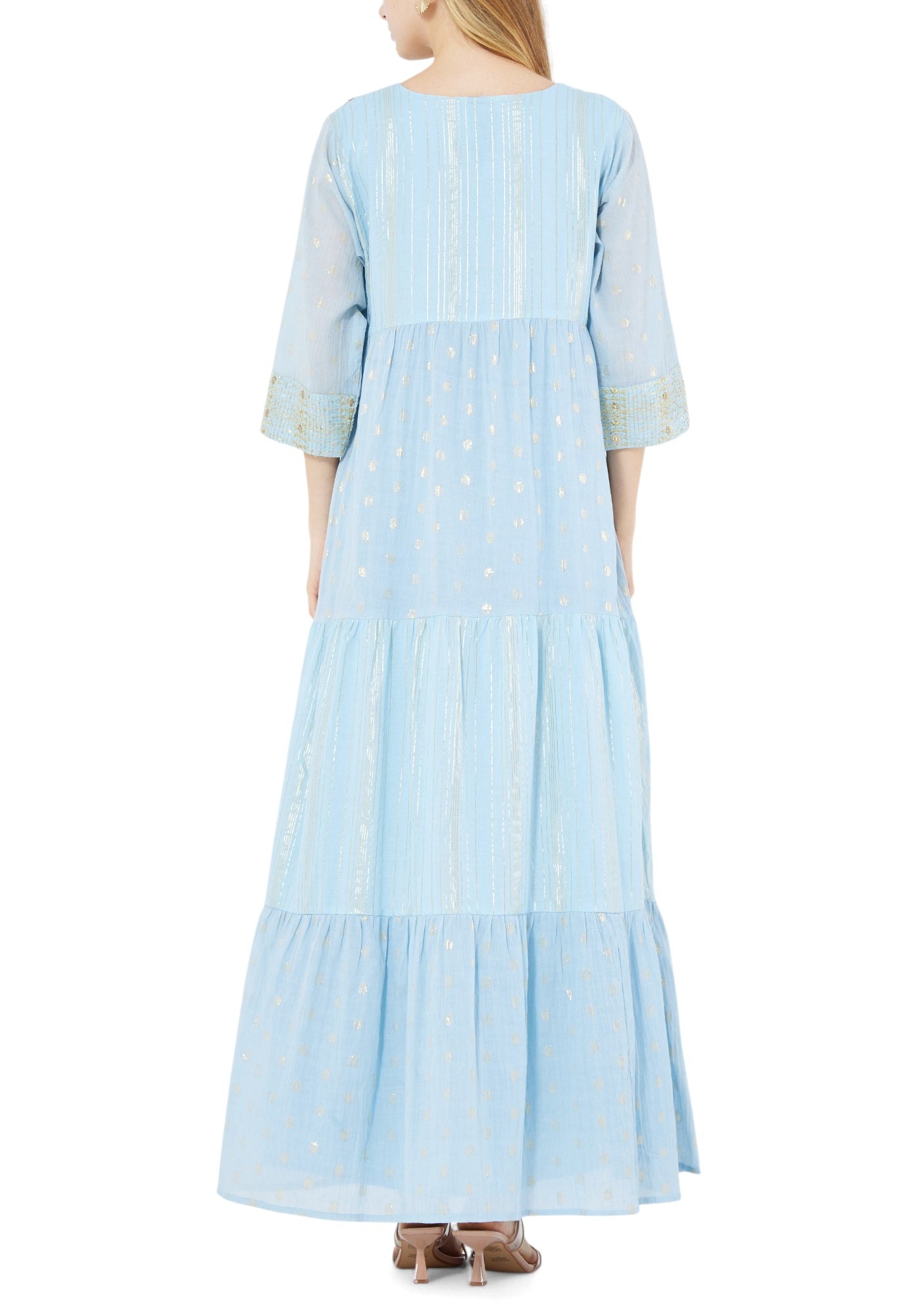 Beautiful Frilled Maxi Dress with Round Neckline And Three Quarter Sleeves