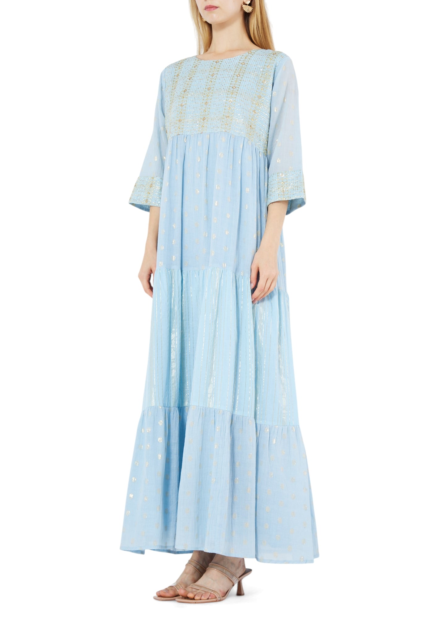 Beautiful Frilled Maxi Dress with Round Neckline And Three Quarter Sleeves