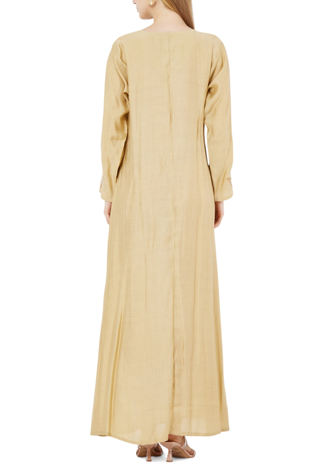 Beautiful Embroidered Long Dress With V- Neckline And Long Sleeves