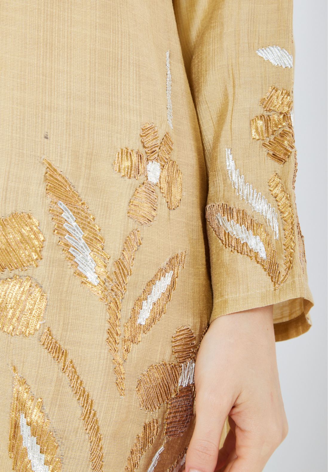 Beautiful Embroidered Long Dress With V- Neckline And Long Sleeves