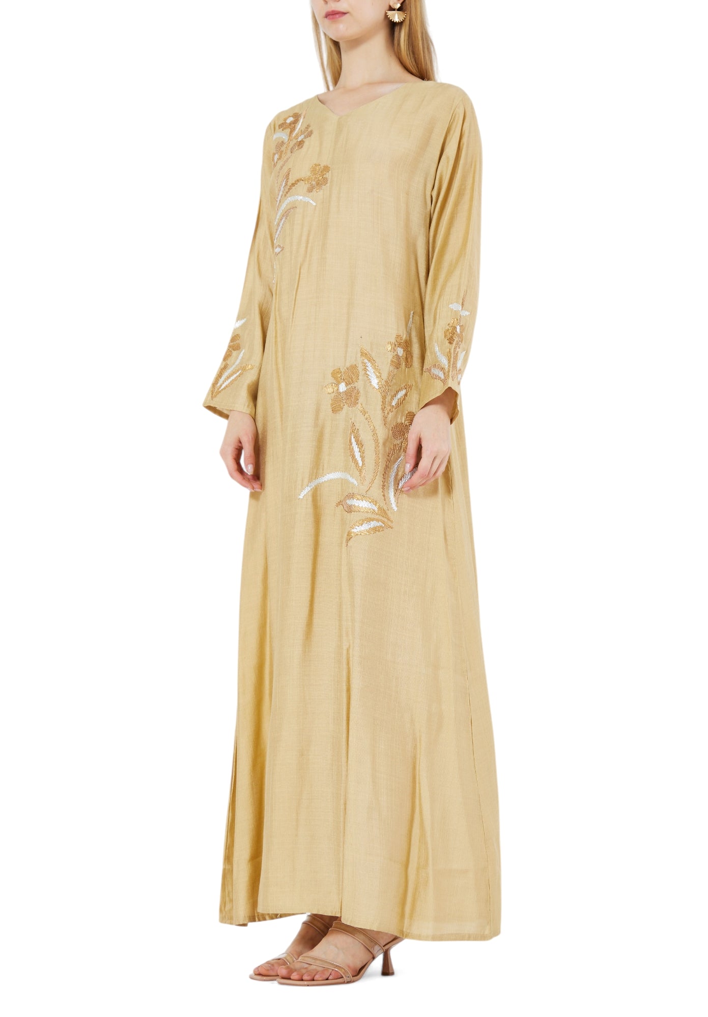 Beautiful Embroidered Long Dress With V- Neckline And Long Sleeves