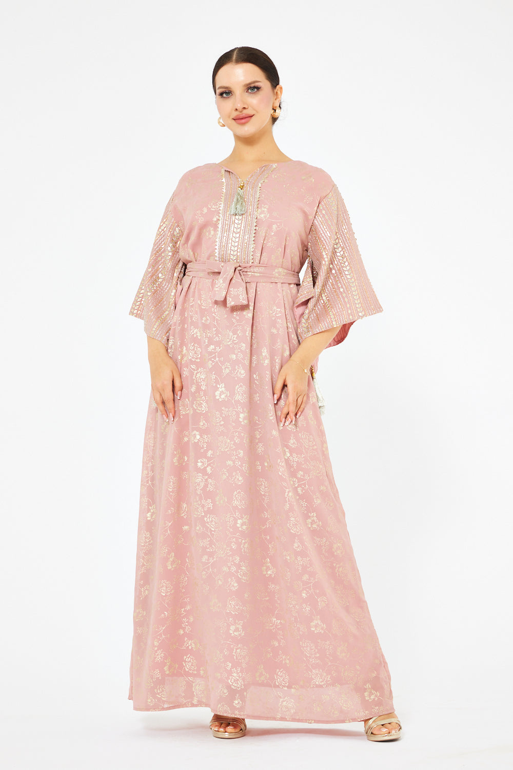 Floral Foil Wide-Sleeve Gown