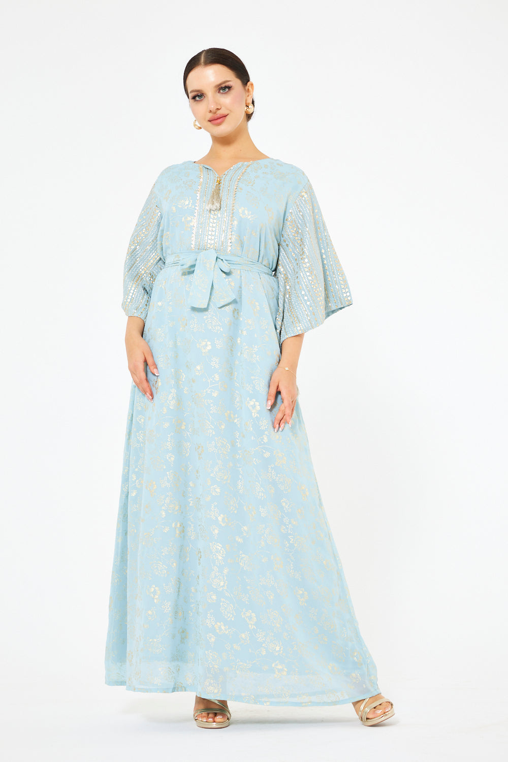 Floral Foil Wide-Sleeve Gown