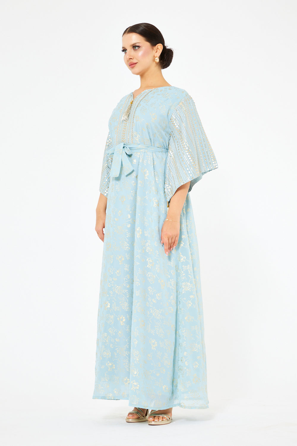 Floral Foil Wide-Sleeve Gown