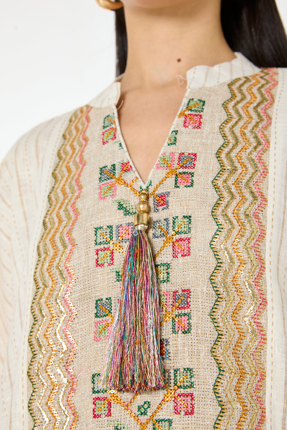Embroidered Panel Kaftan with Tassel Detail