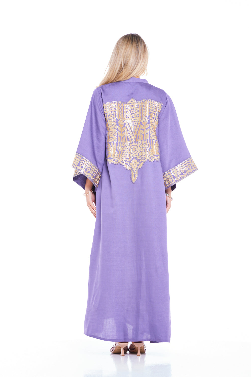 Geometric Back Embroidered Trim Straight Kaftan