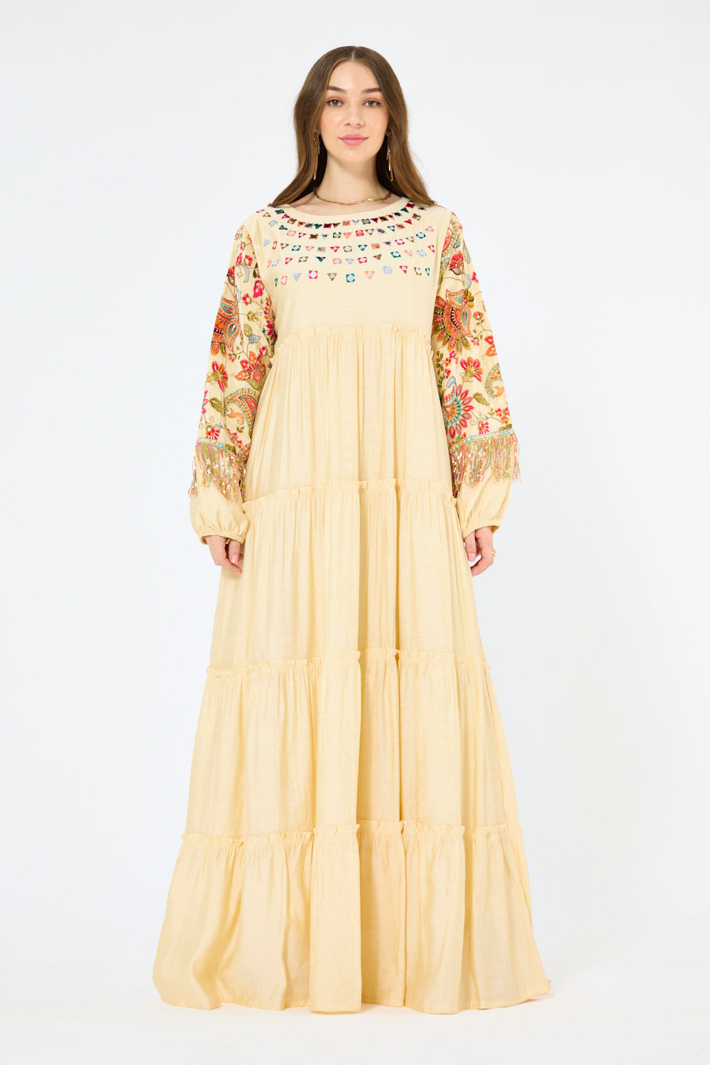 Multicolor Folk Embroidery Tiered Maxi Dress