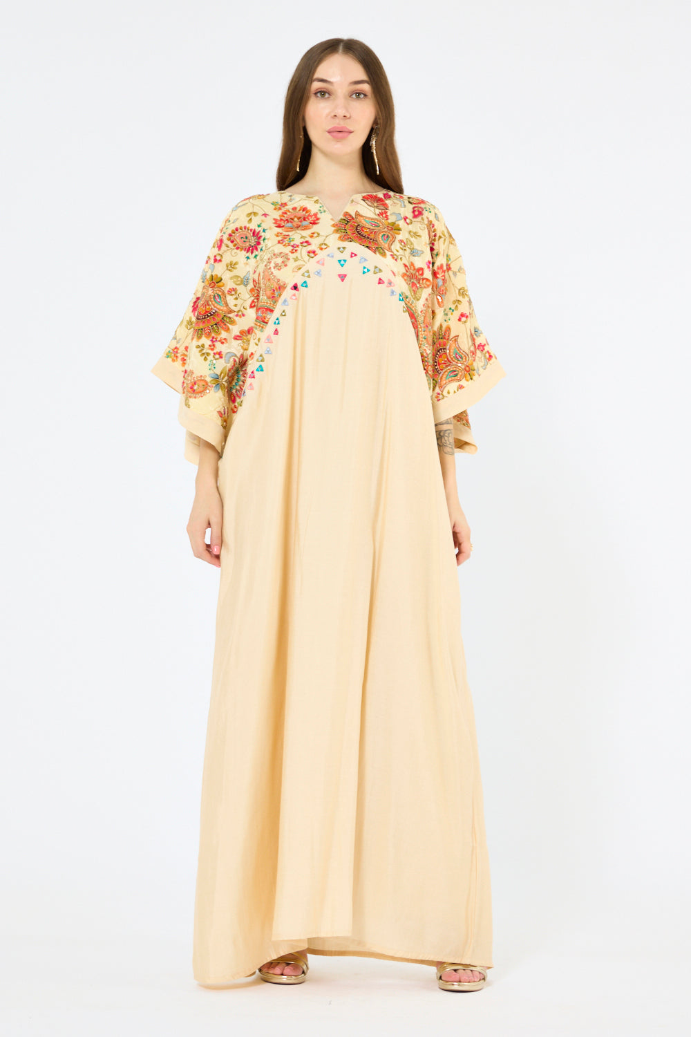 Embroidered Mirror-Work Floral Kaftan Dress