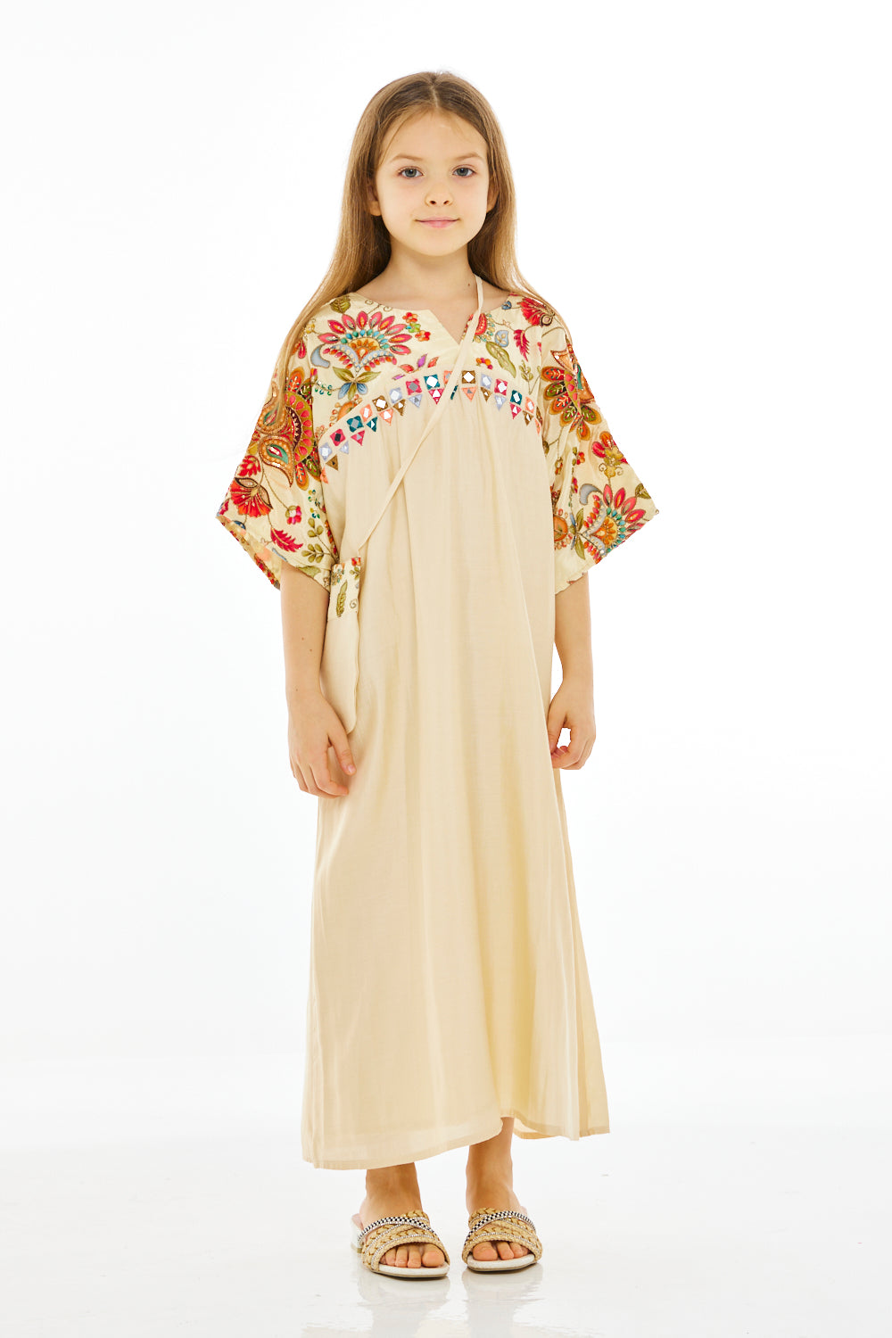 Embroidered Mirror-Work Floral Kaftan Dress with Crossbody Sling