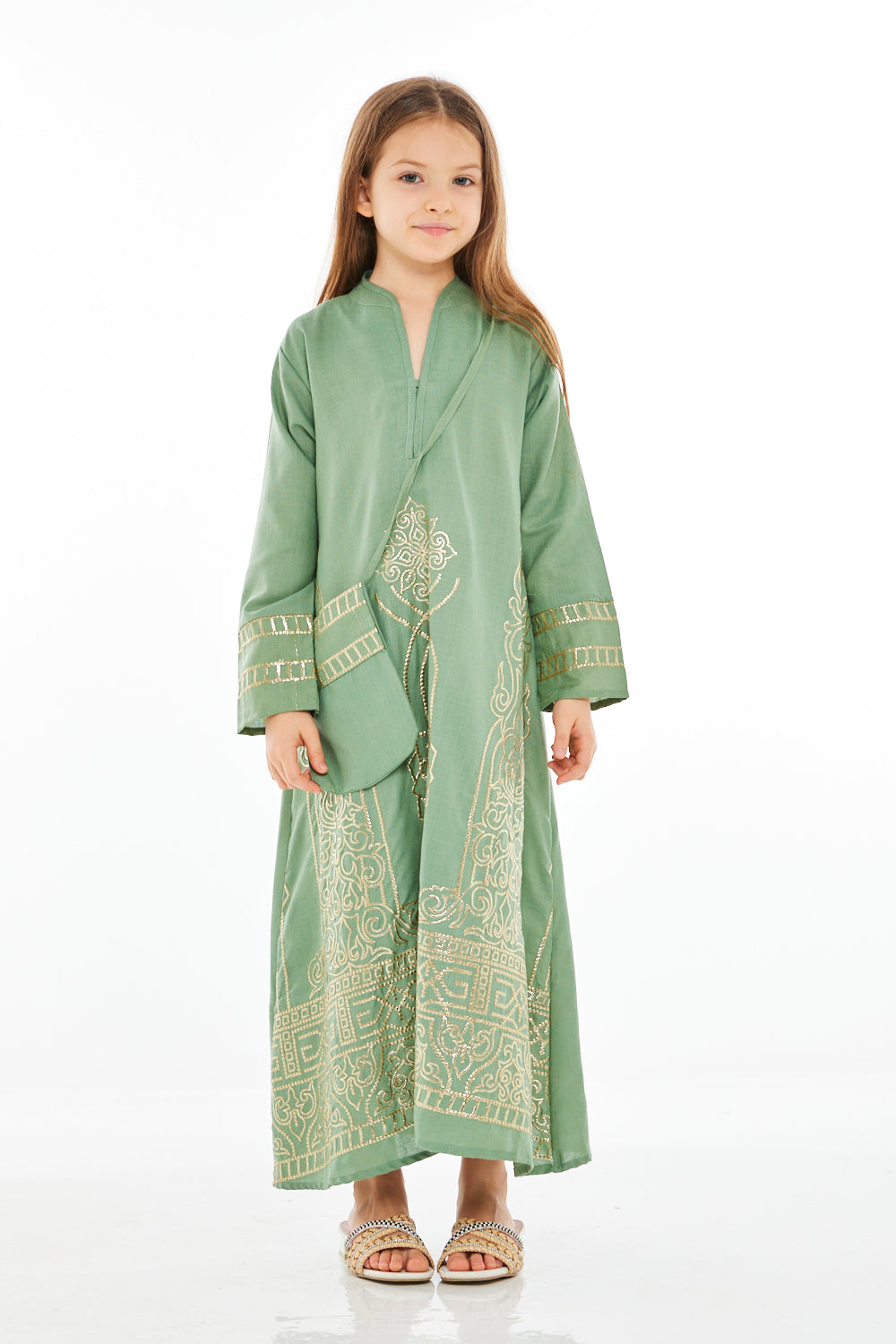 Gold Accent Embroidered Dress with Crossbody Sling