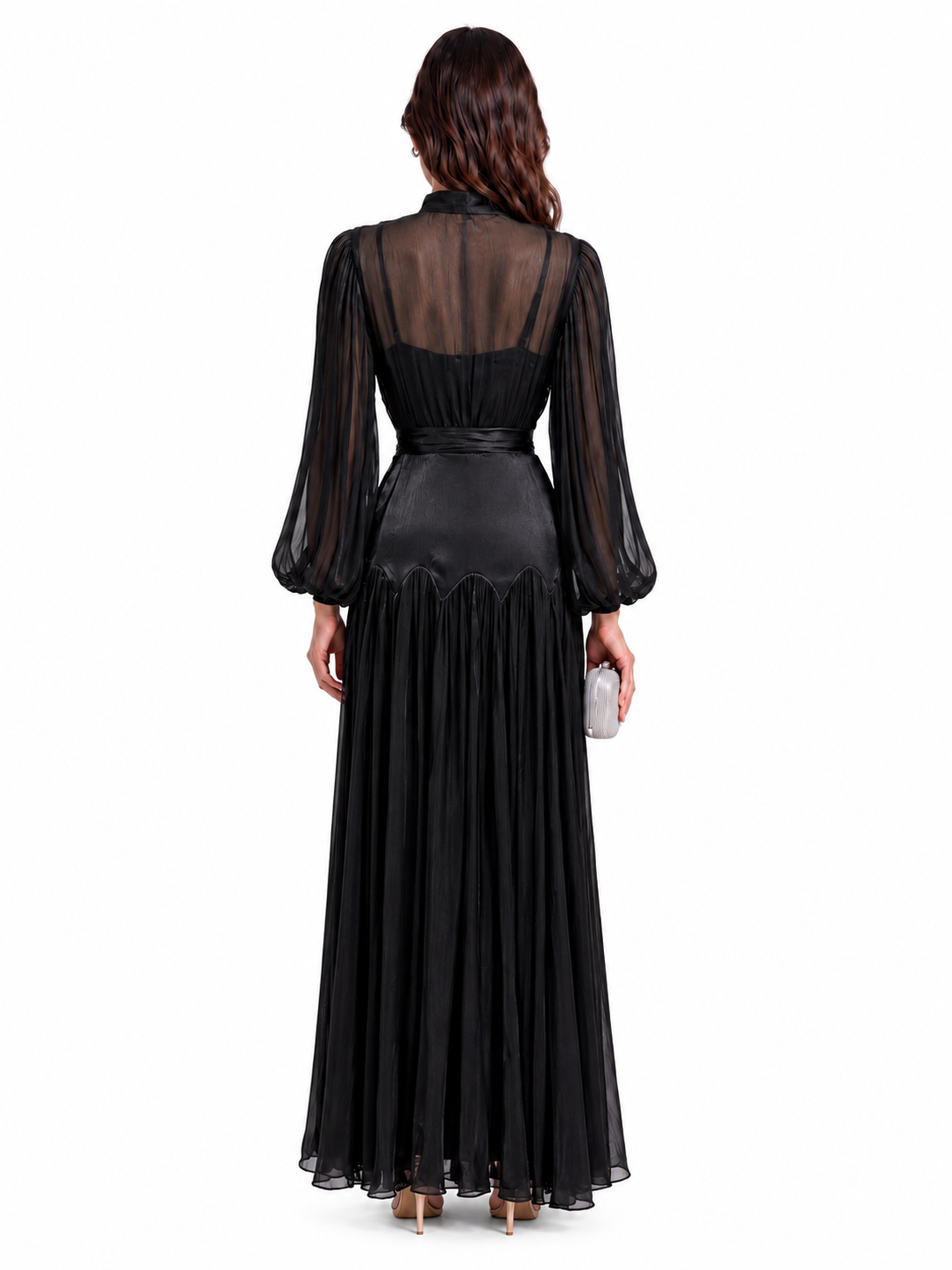 "Nesma" Embroidered Chiffon Tie-Waist Maxi Dress