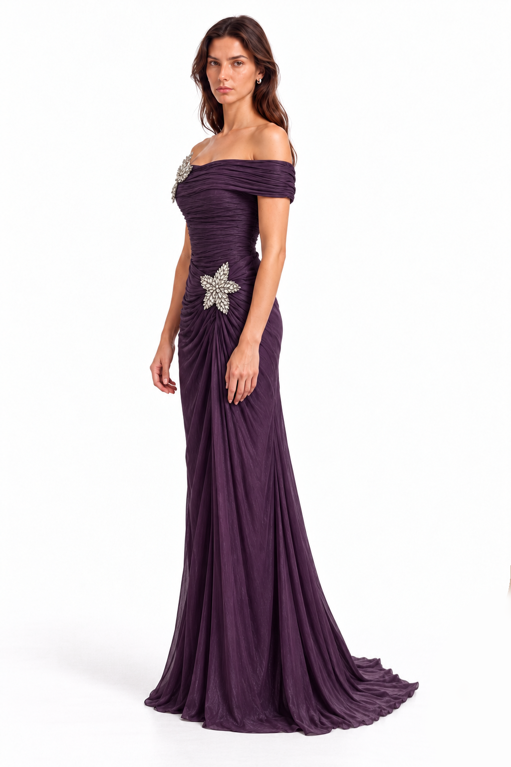 "Mira" Crystal Flower Off-Shoulder Gown