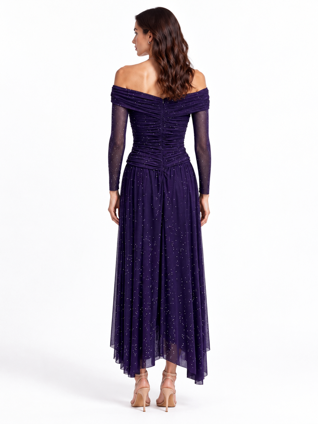 "Nadia" Off-Shoulder Asymmetric Hem Gown