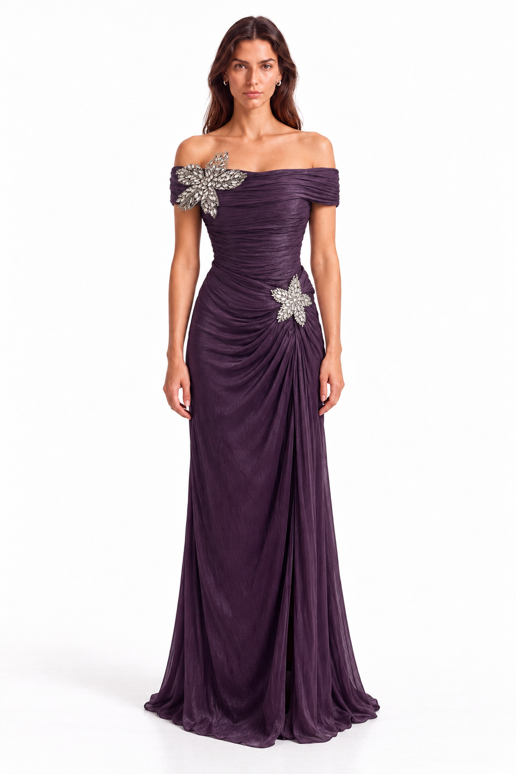 "Mira" Crystal Flower Off-Shoulder Gown
