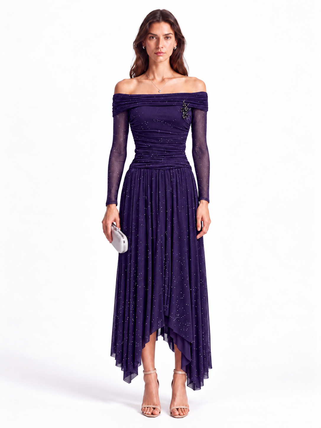 "Nadia" Off-Shoulder Asymmetric Hem Gown