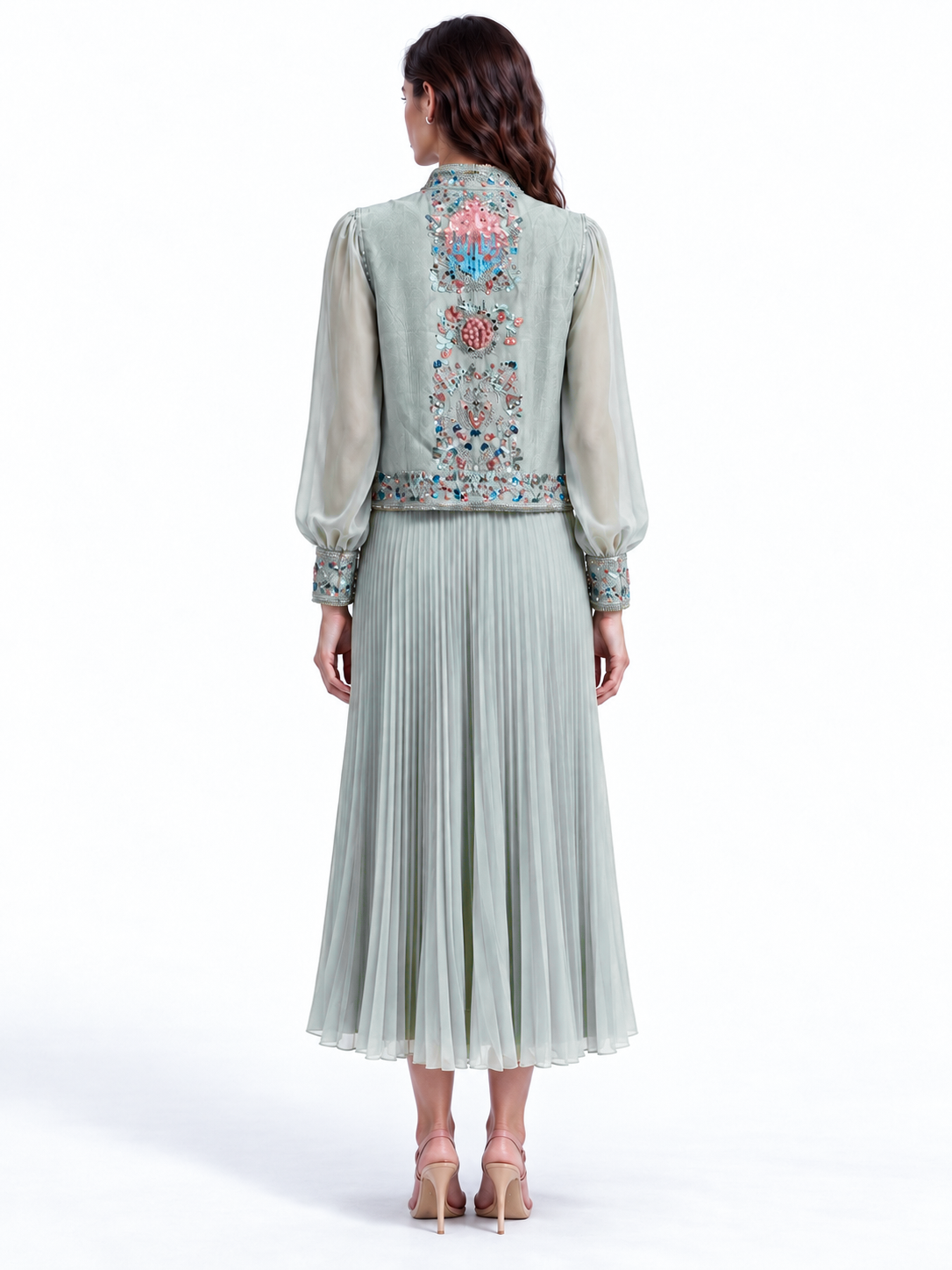 "Nesma" Embroidered Tie-Neck Pleated Dress