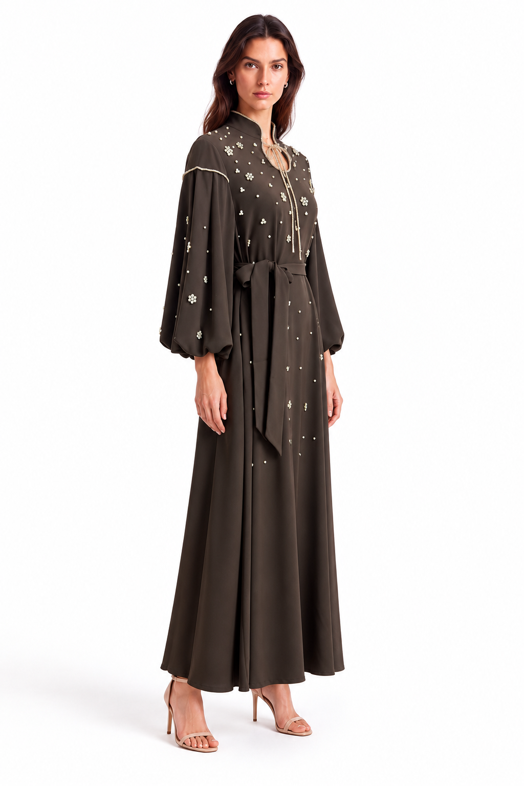 "Mariam" Pearl Tie-Neck Balloon Sleeve Dress