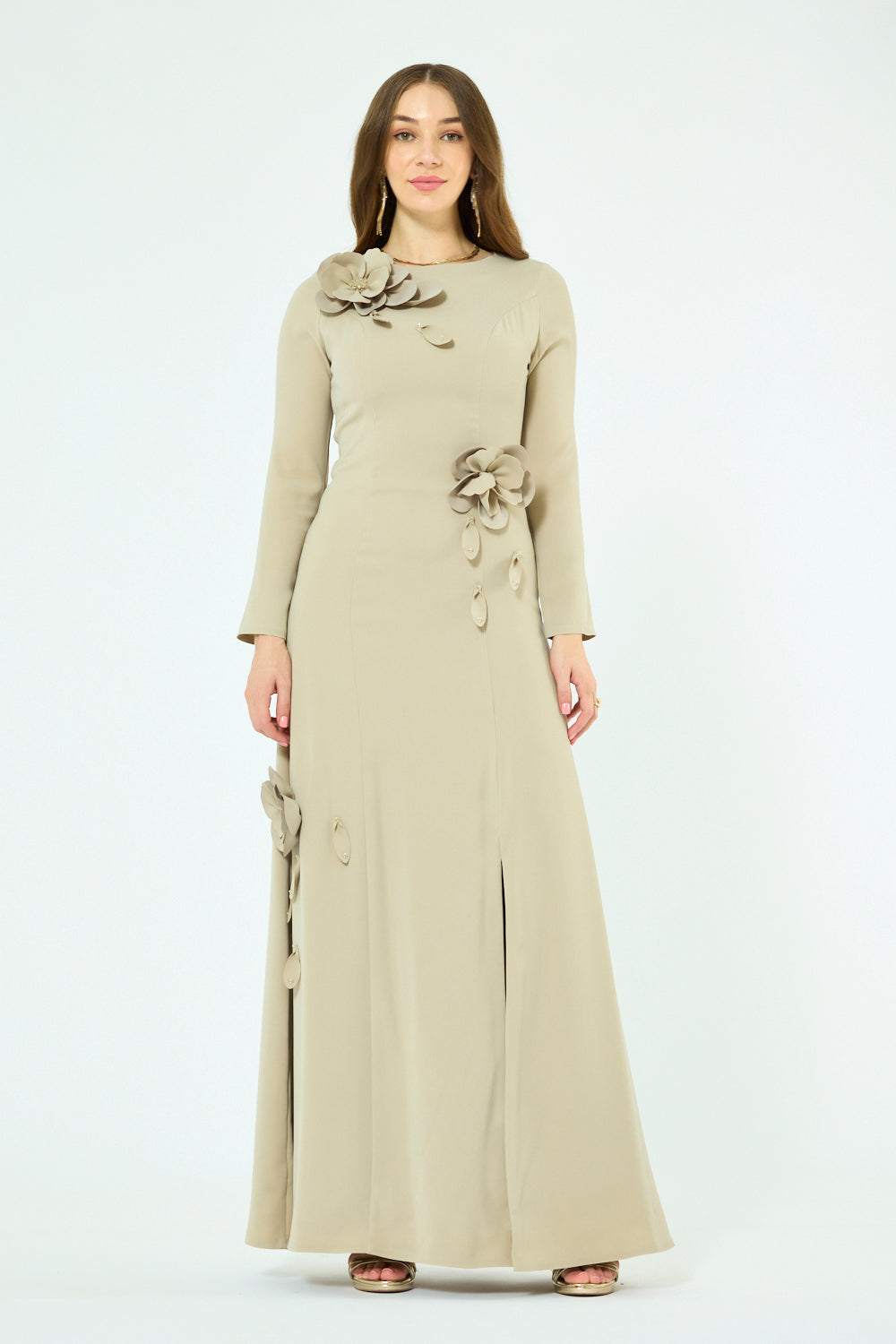 3D Floral Appliqué Side-Slit Gown