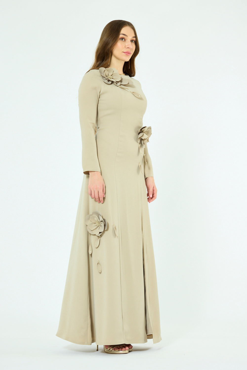 3D Floral Appliqué Side-Slit Gown