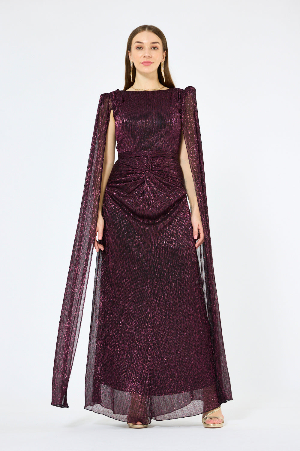 Cape Sleeve Twist-Waist Metallic Gown