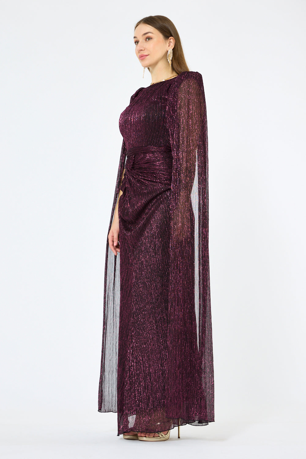Cape Sleeve Twist-Waist Metallic Gown
