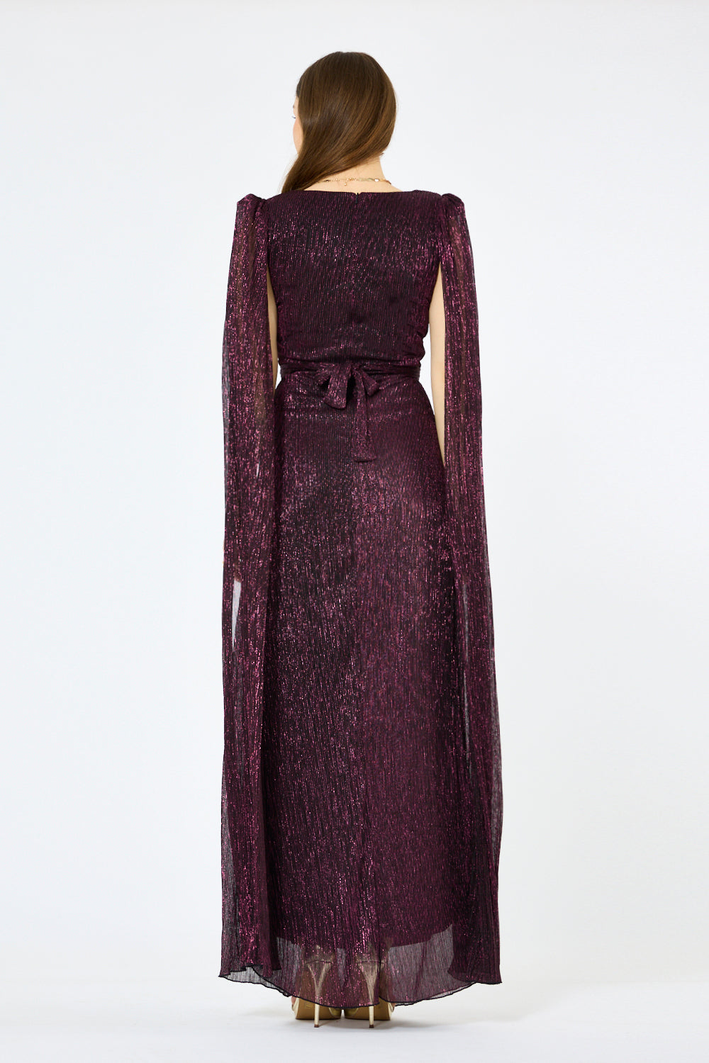 Cape Sleeve Twist-Waist Metallic Gown