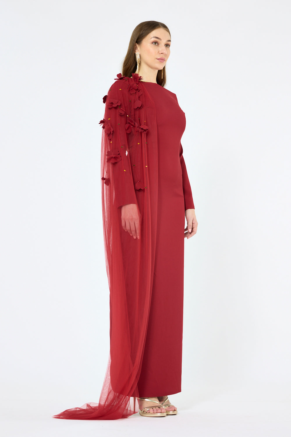 Floral Appliqué Shoulder Drape Gown