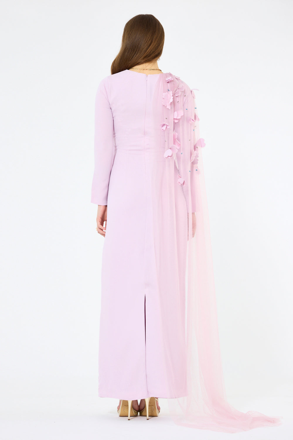 Floral Appliqué Shoulder Drape Gown