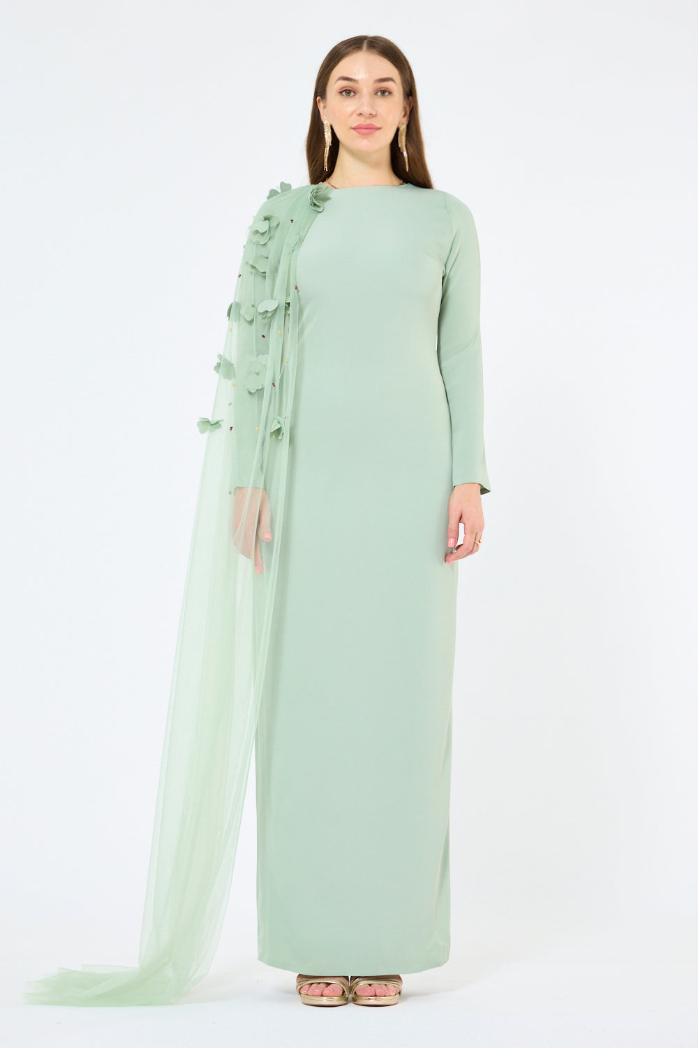 Floral Appliqué Shoulder Drape Gown