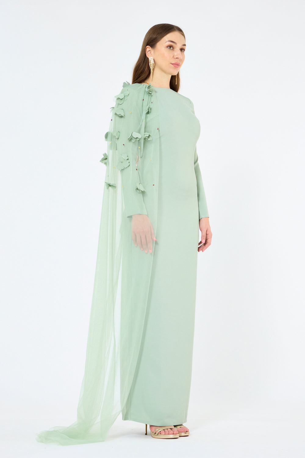 Floral Appliqué Shoulder Drape Gown