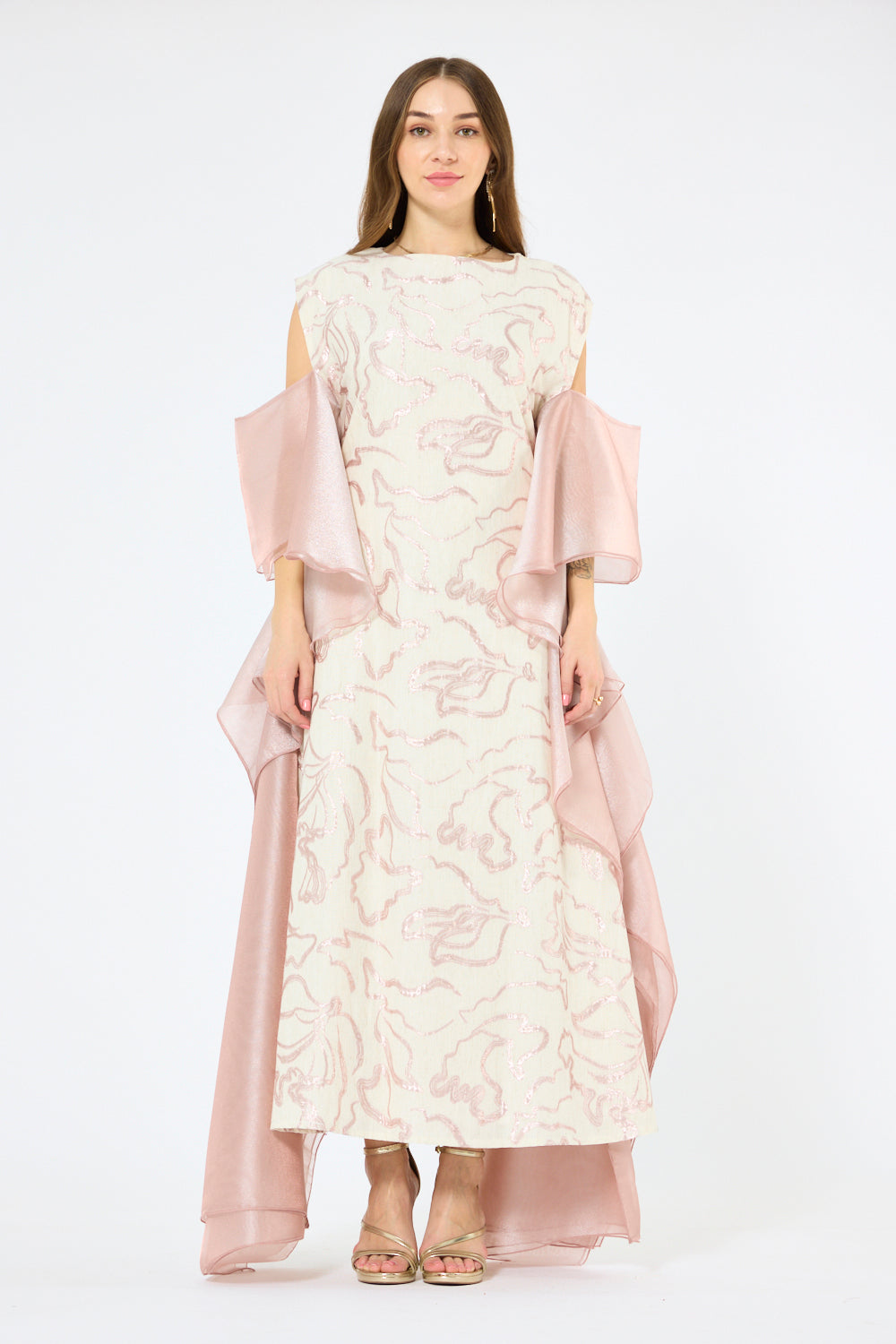 Abstract Swirl Embroidered Organza Drape Dress