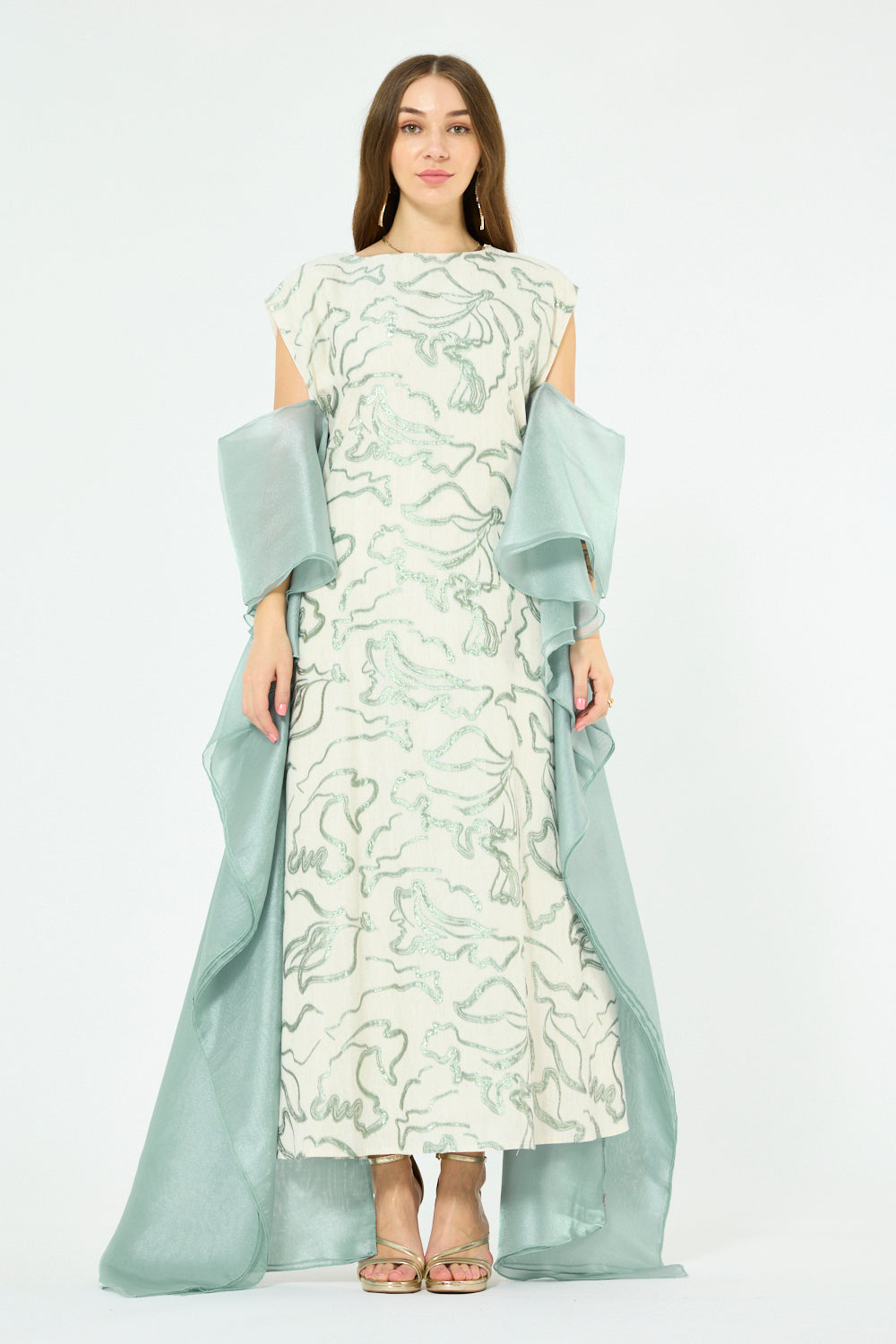 Abstract Swirl Embroidered Organza Drape Dress